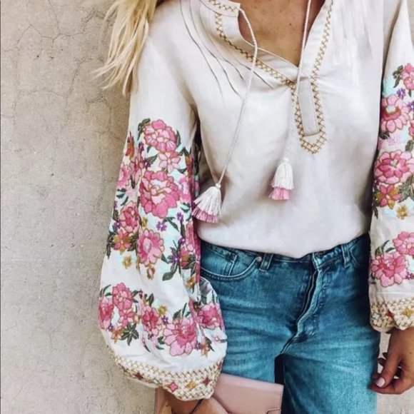 Tops - Embroidered Floral Puff Sleeve Boho Blouse cream